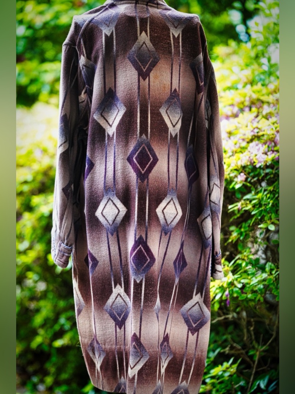 VTG Purple Geometric Ikat Lounging Robe Coat - Padded Quilted Duster - Medium